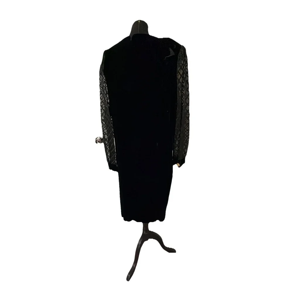 VTG Tracy Richards Sz 20P Black‎ Velvet  Midi Dress Sheer Embroidery Long Sleeve